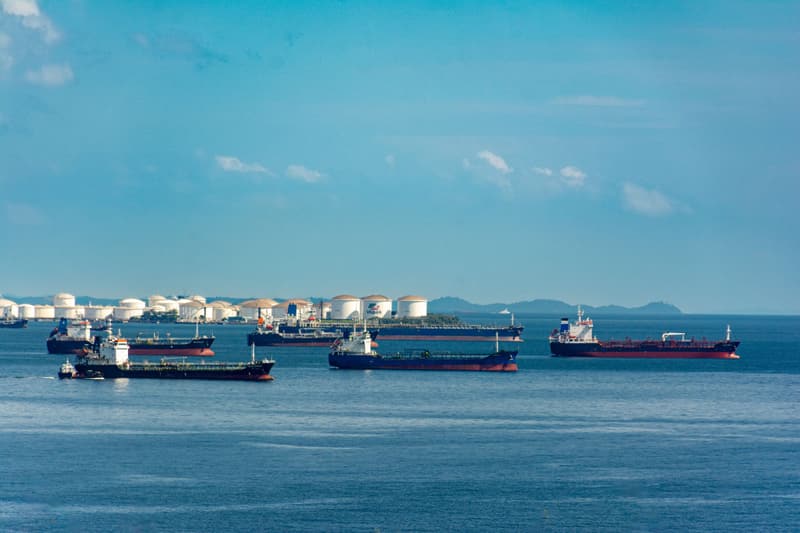 Tankers lying at anchor off a coastal oil terminal
